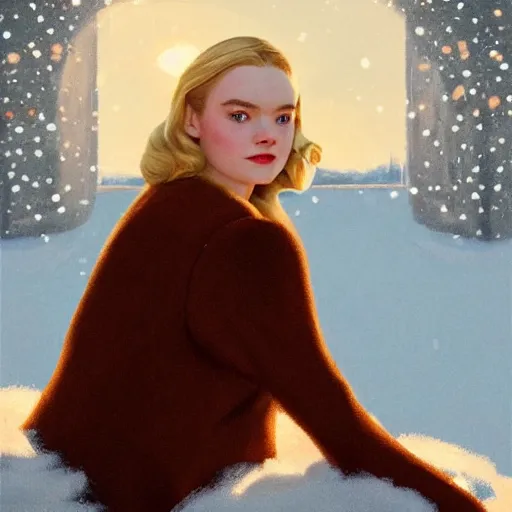 Image similar to Elle Fanning, head and shoulders masterpiece, in the snow, golden hour, in a garden, artstation, in the style of Art Deco and Edward Hopper