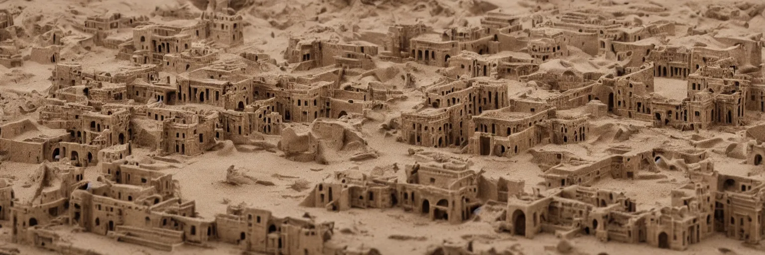 Image similar to Caught in the flow of time. Ancient architecture. An abandoned city in the middle of a desert. Sand dunes devour the buildings. Sandstorm, strong winds. Highly detailed. Photoreal