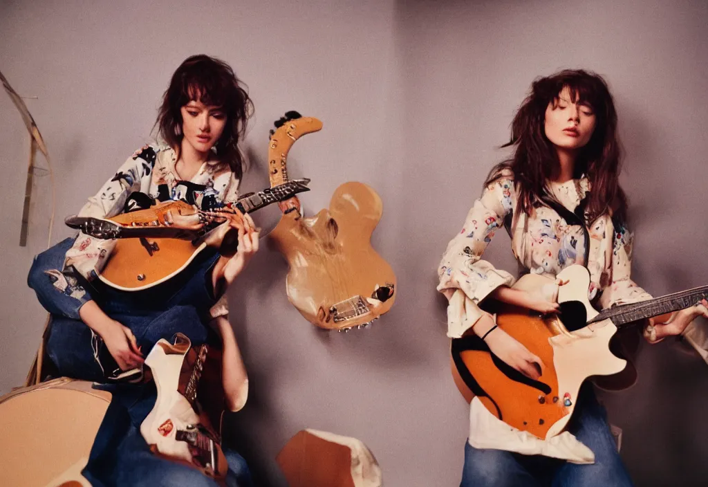 Image similar to hyperreal beautiful women playing guitar in front of a broken flat tv, 3 5 mm, cinestill, depth of field in the style of bruce weber