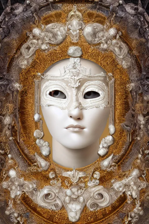 Prompt: highly detailed digital painting of a woman wearing venetian woman mask, sculpted in white opalescent marble, by wlop, with lots of thin ornaments, disolving with a luminous background, curves and chaotic fractal art inlays, intricate, 8 k, white box, cinematic light, high aperture, background atmospheric effects, larger view