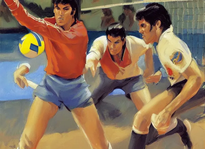 Image similar to a highly detailed beautiful portrait of elvis presley playing voleyball, by gregory manchess, james gurney, james jean