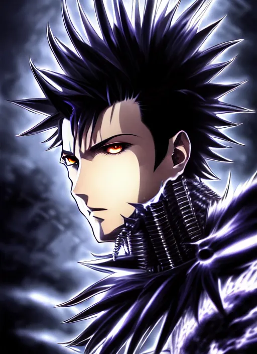 Image similar to a detailed manga full body portrait illustration of a dark spiky haired cyborg anime man surrounded by dark steam by hirohiko araki, detailed artwork, realism, 4 k resolution, detailed, high quality, sharp focus, hq artwork, insane detail, volumetric lighting, character concept art, fine details, clear subject, central subject