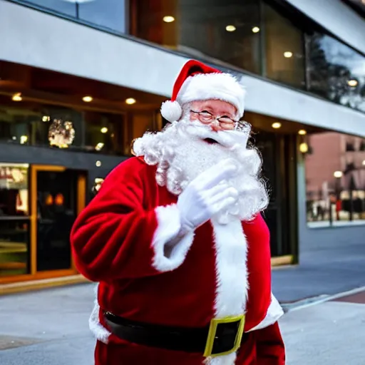 Prompt: Santa Claus eating chipotle inside and enjoying it, realistic, modern