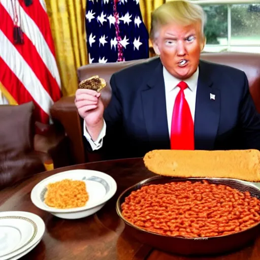 Image similar to donald trump eating baked beans in the white house