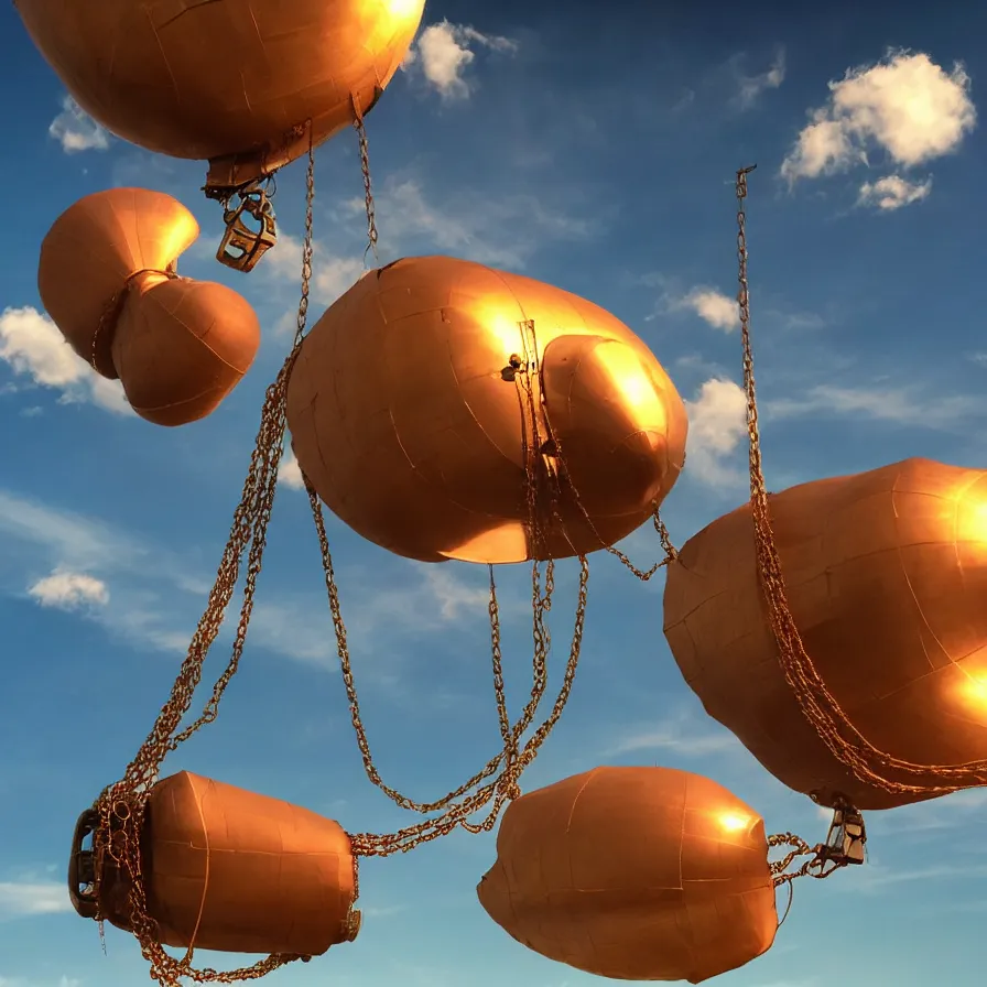 Image similar to beautiful blimps! high in the sky, copper chains hanging from the edges, ( ( steampunk styled ) ), golden hour, steam clouds, clouds, award winning photography, highly detailed, low poly, extremely wide angle