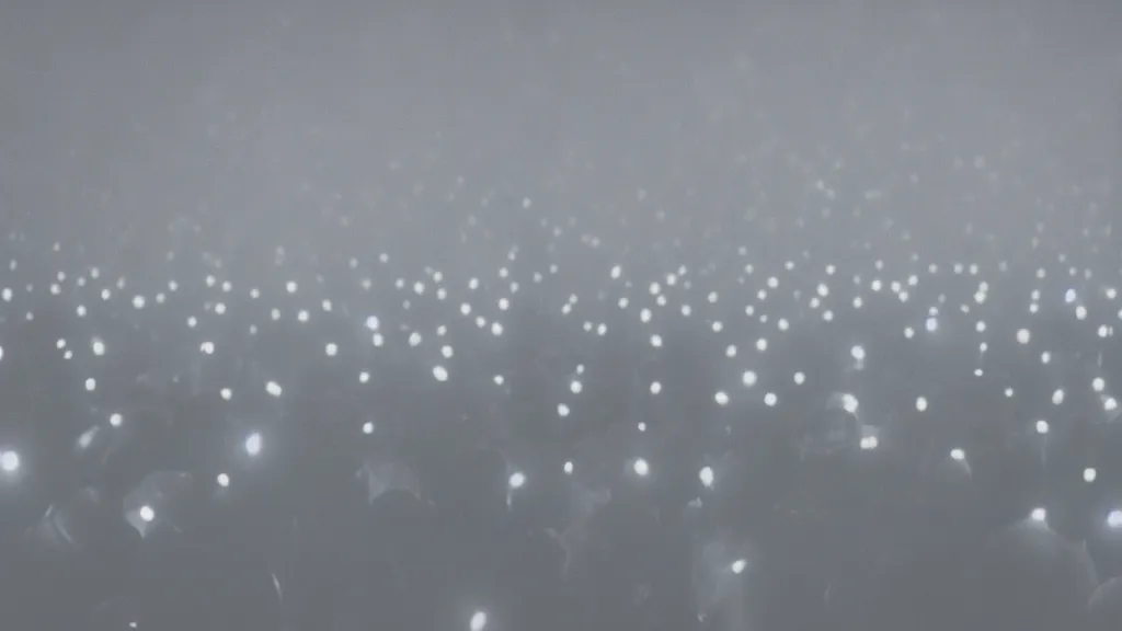 Prompt: crowd of people silhouetted against a white led wall, hazy, film still