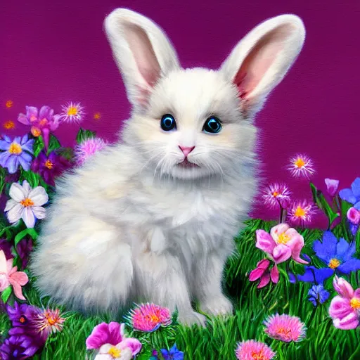 Image similar to cute fluffy hybrid animal cross between mouse, kitten, and lop eared bunny rabbit sitting on a flowery landscape detailed painting 4 k