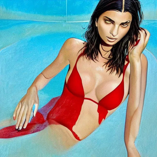 Image similar to Emily Ratajkowski with beautiful face and full body laying in a blood red pool of water between a bright golden glowing mirror frame, outside is space and inside the mirror frame is a beautiful landscape. Hyperrealistic surreal 4K IMAX Rene Margritte intricate, elegant, highly detailed, digital painting, artstation, concept art, smooth, sharp focus, illustration, art by artgerm, Francis bacon, HR Giger and greg rutkowski and alphonse mucha 35mm 8K