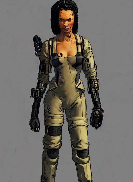 Image similar to sonya igwe. cyberpunk mercenary in tactical harness and jumpsuit. dystopian. portrait by stonehouse and mœbius and will eisner and gil elvgren and pixar. realistic proportions. cyberpunk 2 0 7 7, apex, blade runner 2 0 4 9 concept art. cel shading. attractive face. thick lines. moody industrial setting.