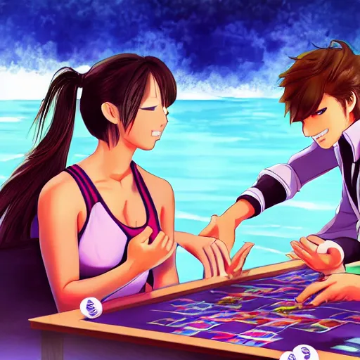 Prompt: aoi asahina from danganronpa, a tanned japanese girl with hair in a high ponytail, and percy jackson playing go fish under the ocean, beautiful digital art