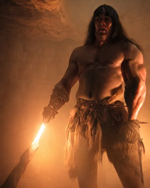 Prompt: closeup Photo of Conan the Barbarian in a torchlit dungeon, rim lighting, octane, Natasha Tan, Maciej Kuciara, Edgar Rice Burroughs,