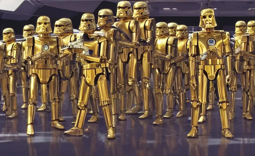 Prompt: screenshot portrait of Luke Skywalker with a fleet of a dozen chrome C-3P0 droids, iconic scene from 1980s film by Stanley Kubrick, 4k, cinematic still frame, surreal sci fi architecture, portrait photoreal, detailed face, moody lighting, stunning cinematography, hyper detailed, sharp, anamorphic lenses, kodak color film stock