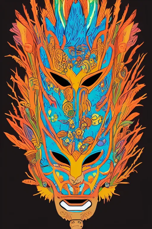 Image similar to animal mask totem roots flower tribal feather gemstone plant wood rock shaman vodoo video game vector cutout illustration vivid multicolor borderlands comics by josan gonzales and dan mumford radiating a glowing aura