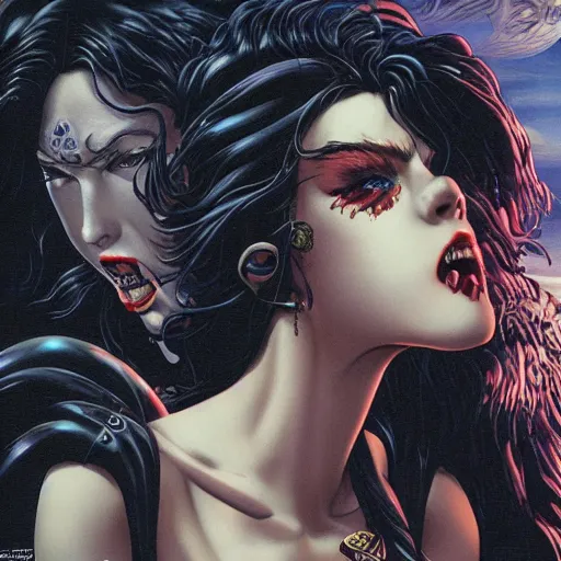Image similar to closeup of attractive bikini vampire smoking a cigarette, by yoichi hatakenaka, masamune shirow, josan gonzales and dan mumford, ayami kojima, takato yamamoto, barclay shaw, karol bak