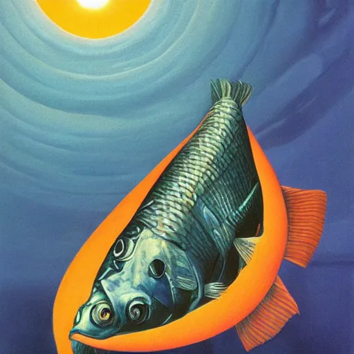 Image similar to symetrical reflective hyperrealistic space rectangle carp estuary poltergeist papaya , by Edward Hopper and Georgia O'Keeffe and Peter Gric , Marvel Comics , seapunk , movie poster