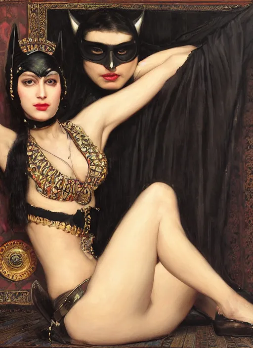 Prompt: Catwoman and batman, Iranian orientalist portrait by john william waterhouse and Edwin Longsden Long and Theodore Ralli and Nasreddine Dinet, oil on canvas. Cinematic, hyper realism, realistic proportions, dramatic lighting, high detail 4k