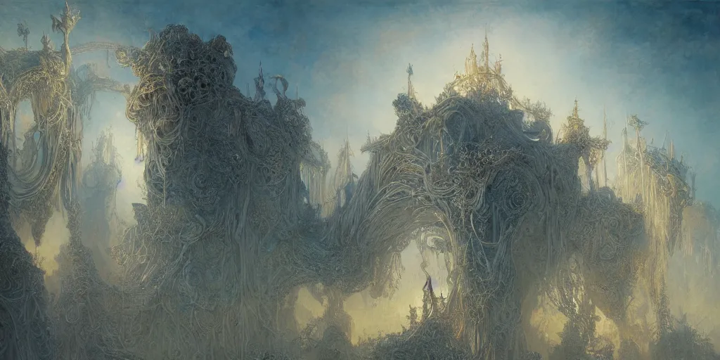 Prompt: Ellen Jewett, beautiful surreal palatial packet at dawn, gustave dore, ferdinand knab, Georgia O'Keeffe