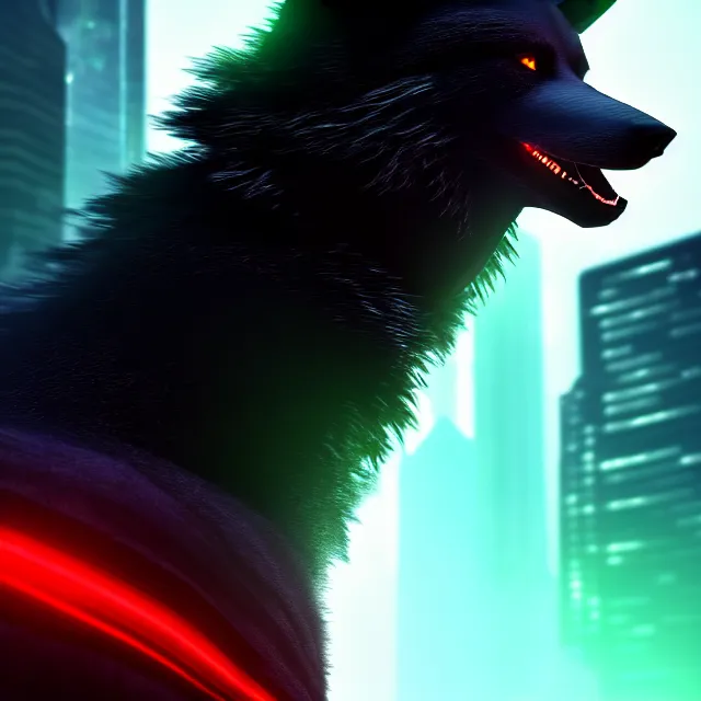 Image similar to portrait of a anthropomorphic black male wolf with long red hair wearing futuristic armor in a futuristic city | | concept art, 4 k, green volumetric lighting, highly detailed, photorealistic, trending on artstation