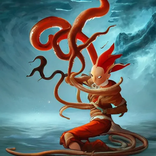 Prompt: Avatar Aang figting a giant squid, Intricate, highly detailed, digital painting, artstation, concept art, sharp focus, illustration, by Peter Mohrbacher:5 Trending on Artstation:5