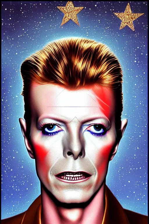 Image similar to Portrait of david bowie with a star tattoo on his eye , elegant, photorealistic, highly detailed, artstation, smooth, sharp focus, gold ornaments, neon lighting, sci-fi, art by Klimt