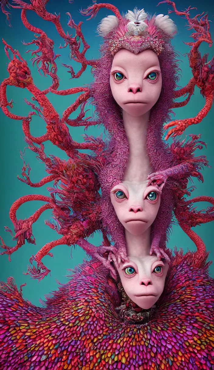 Prompt: hyper detailed 3d render like a Oil painting - kawaii portrait Aurora (a beautiful skeksis white muppet ferret queen from dark crystal that looks like Anya Taylor-Joy) seen red carpet photoshoot in UVIVF posing in scaly dress to Eat of the Strangling network of yellowcake aerochrome and milky Fruit and His delicate Hands hold of gossamer polyp blossoms bring iridescent fungal flowers whose spores black the foolish stars by Jacek Yerka, Ilya Kuvshinov, Mariusz Lewandowski, Houdini algorithmic generative render, Abstract brush strokes, Masterpiece, Edward Hopper and James Gilleard, Zdzislaw Beksinski, Mark Ryden, Wolfgang Lettl, hints of Yayoi Kasuma, octane render, 8k