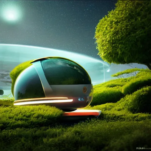 Image similar to a spherical car driving through a beautiful wonderland, smoke - filled ， green hill, many interstellar plants, little dinosaur and man dance together, futuristic concept design, airscape, high detail render by octane, unreal engine, 8 k, cinematic