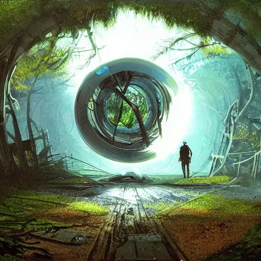 Prompt: derelict portal in a middle of a futuristic forest, world seen only through a portal, daylight, cinematic lighting, blue sky, syd mead, john harris