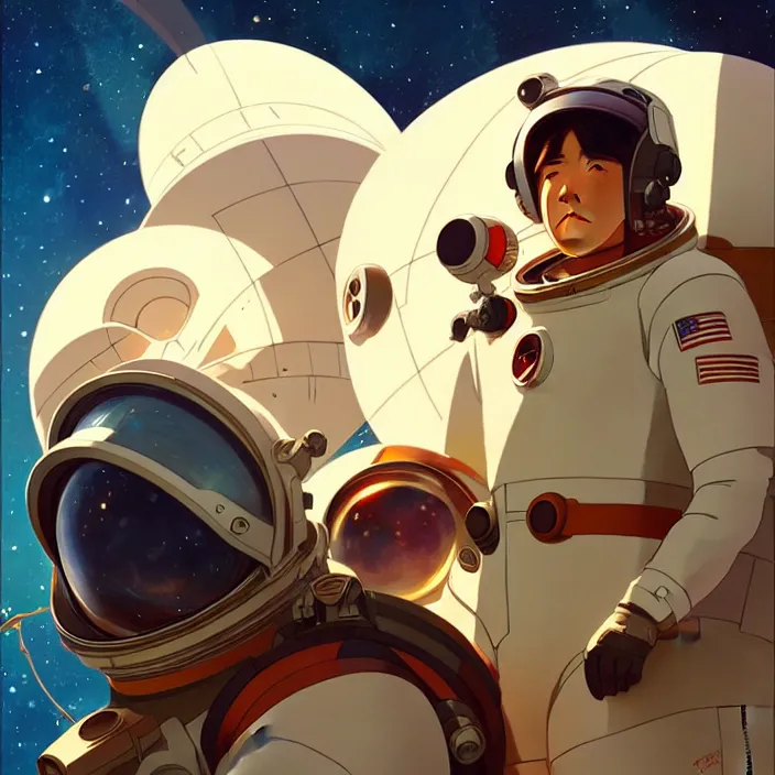 Image similar to space ship pilot in the style of studio ghibli, j. c. leyendecker, greg rutkowski, artem