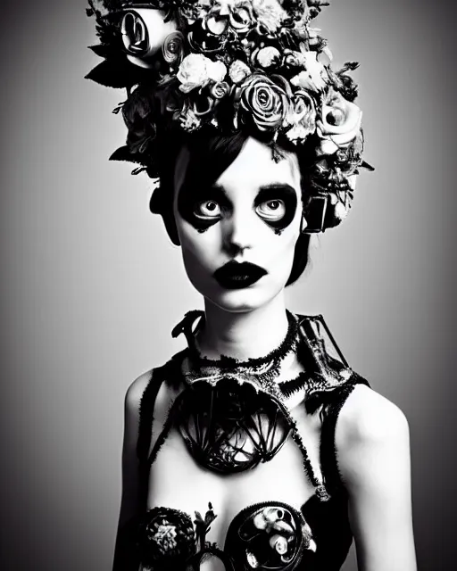 Prompt: dreamy surreal poetic black and white photo of a beautiful young silver bio-mechanical-female-vegetal-cyborg with a very long neck and a super big gothic lace collar and a very high big floral crown with many black dry roses by Vivienne Westwood:: smoke, high fashion, haute couture, rococo, avant-garde, silver filigree details, anatomical, facial muscles, cable wires, microchip, elegant, dreamy, hyper realistic, 150 mm lens, soft rim light, octane render, unreal engine, picture was taken in 1910 by Man Ray, volumetric lighting, dramatic light,8k,