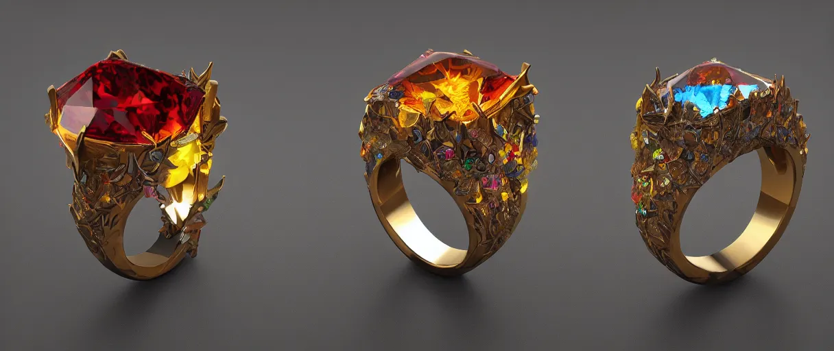 Image similar to magic crystal ring, fire, stone, crystal, engravings, diamonds, colorful, art by gerald brom, greg rutkowski, photo realism, unreal engine, c 4 d