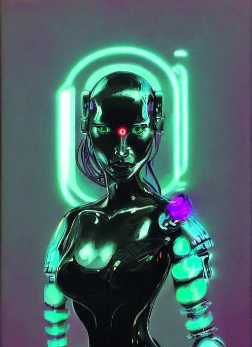 Prompt: portrait of a cyborg woman by Roger Dean, neon light, hyper detailled, trending on artstation