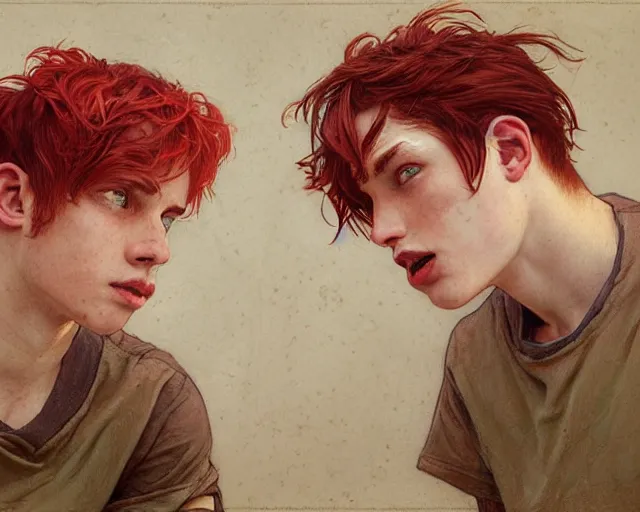 Image similar to portrait of 1 9 - year - old male twins with red hair and freckles, two male, wearing shirts, hyper realistic face, beautiful eyes, fantasy art, in the style of greg rutkowski, intricate, alphonse mucha, hyper detailed, smooth