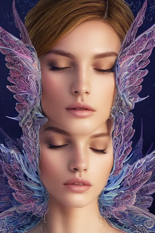 Image similar to beautiful young woman's face, magical, angelic wings, flowers, intricate, synth-wave, retrowave, highly-detailed, elegant, dramatic lighting, gorgeous face, lifelike, photorealistic face, long luxurious intricate gown, digital painting, artstation, illustration, concept art, smooth, sharp focus, art by Craig Russel, Barry Smith, artgerm, and Albert Aublet and Krenz Cushart and Artem Demura and Alphonse Mucha