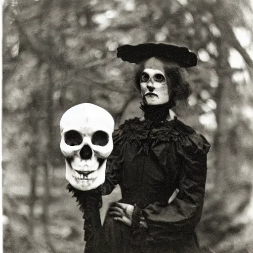 Prompt: portrait of a witch wearing a skull mask holding a puppet in an ominous forest, 1 9 0 0 s photography