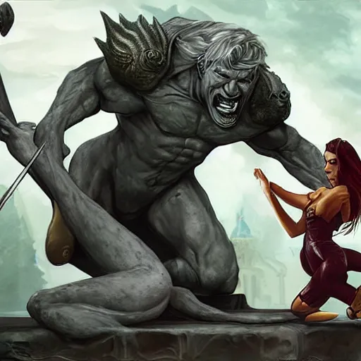 Prompt: a heroic woman pleads for her life at the foot of the gargoyle king, fantasy splash art