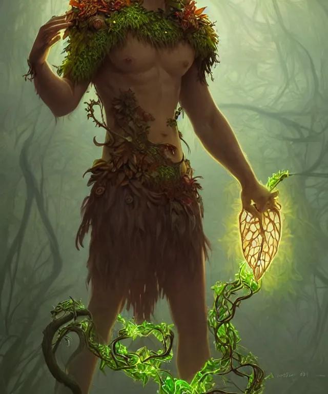 Image similar to a male! spore druid with leaf and vine themed clothing, fully clothed, glowing energy, d & d, fantasy, intricate, cinematic lighting, highly detailed, digital painting, artstation, concept art, smooth, sharp focus, illustration, subject in the middle of the frame, art by artgerm and greg rutkowski and alphonse mucha