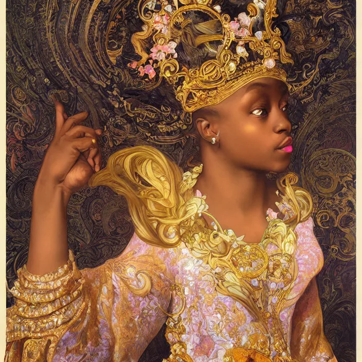 Prompt: highly detailed venetian rococo portrait of a black princess wearing a crown, golden jewels, pastel flowery background, volumetric lighting, realistic, symmetrical, digital illustration, art by alphonse mucha, kehinde wiley, artem demura