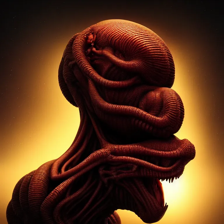 Image similar to closeup portrait of ribbed alien kissing hominidae, lucid dream - like heavy atmosphere, baroque painting, harsh flash photo, perfect composition, detailed octane render trending on artstation, 8 k artistic photography, volumetric cinematic perfect light, chiaroscuro, masterpiece, raphael, caravaggio, beksinski, rutkowski, beeple