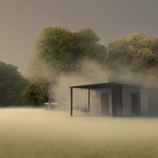 Prompt: a home under construction half engulfed in fog 3 d render