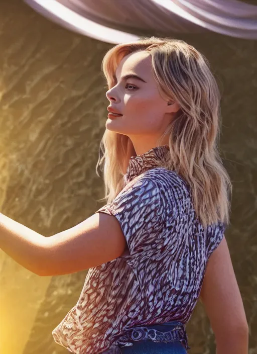 Image similar to beautiful Margot Robbie in a Solarpunk blouse, accurate anatomy, abstract sun in background, shiny soft skin, soft lighting, sharp details, warm colors, full body portrait, 35 mm film, subsurface scattering, lens flare