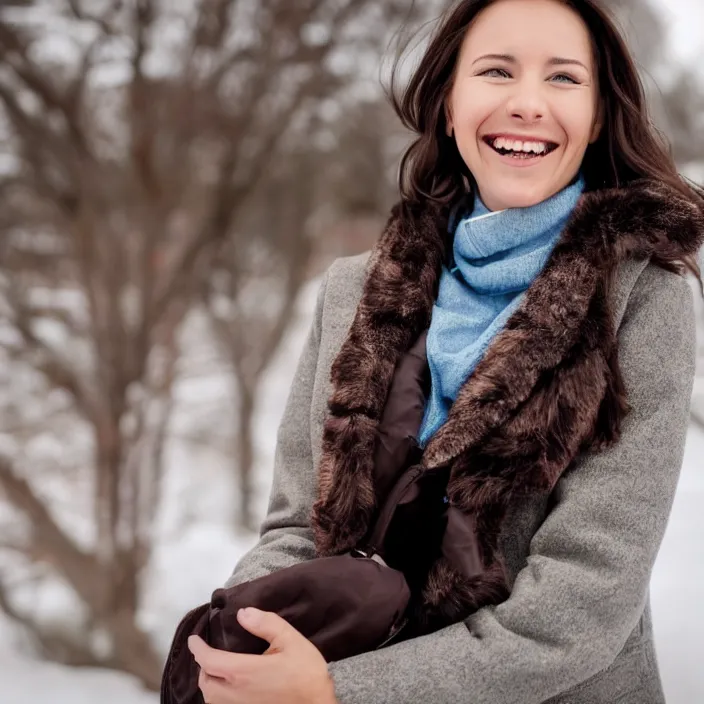 Prompt: a beautiful girl from minnesota, brunette, joyfully smiling at the camera with her eyes closed. thinner face, irish genes, dark chocolate hair colour, wearing university of minneapolis coat, perfect nose, morning hour, plane light, portrait, minneapolis as background. healthy, athletic, in her early 3 0