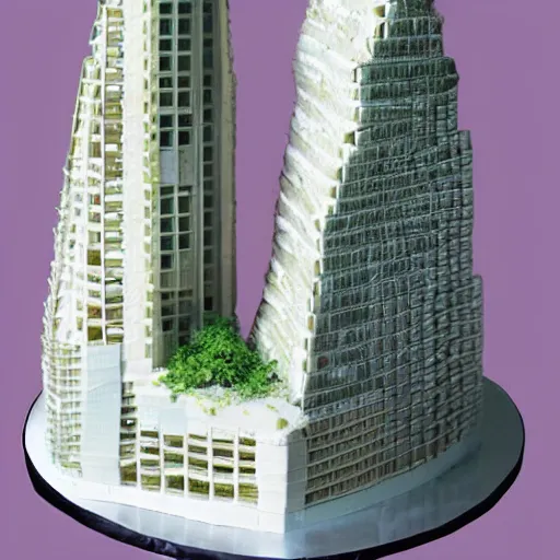 Prompt: a piece of cake as big as a skyscraper, 8 k, highly detailed, delicious