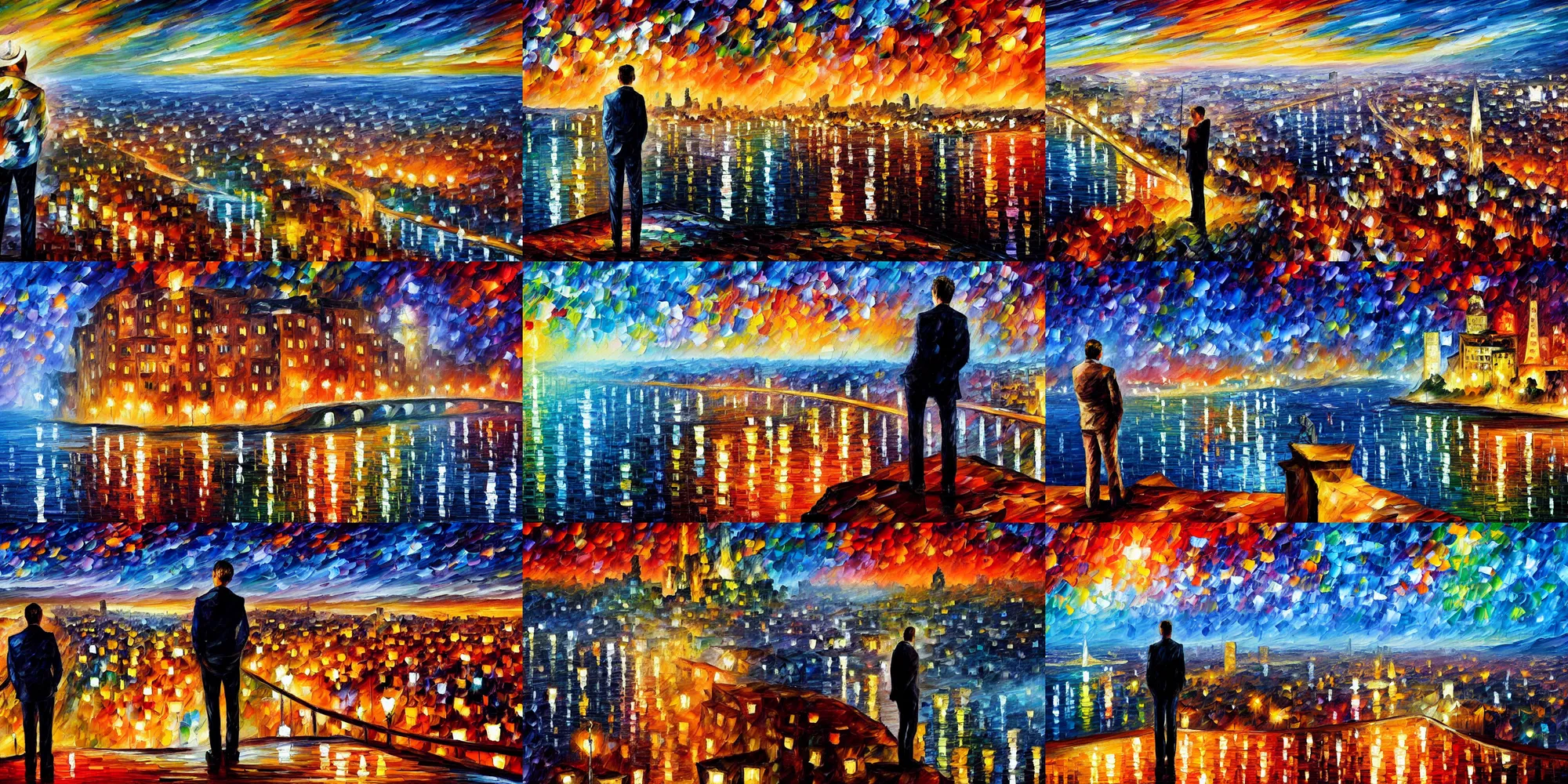 Prompt: a man standing on the edge of a cliff, over - looking a city at night. palette knife oil painting on canvas by leonid afremov.