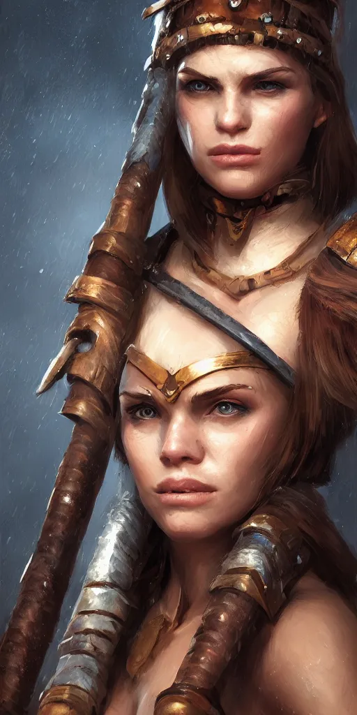 Image similar to head and shoulders portrait of a barbarian female, ultra sharp, very detailed, high quality focus by wlop