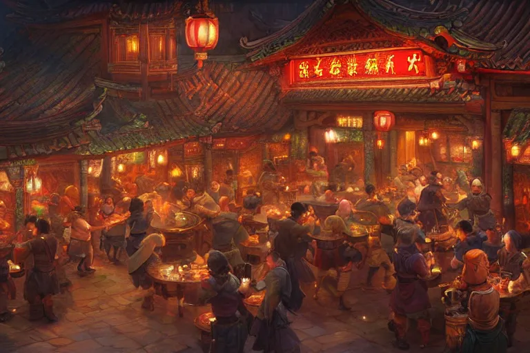 Prompt: fantasy art of a bustling tavern in china, at night, by justin gerard, highly detailed digital art, trending on artstation