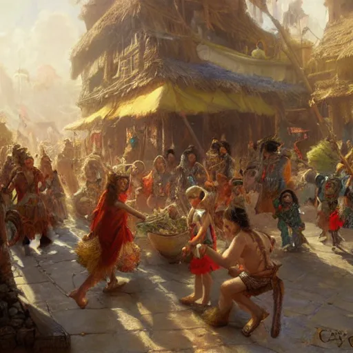 Prompt: cloud tribe villagers celebrating in the streets of their mountain village, fantasy splash art by gaston bussiere, craig mullins