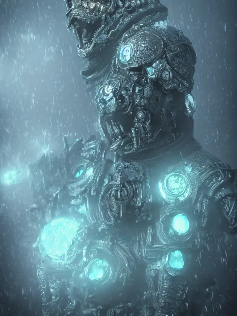 Image similar to hyper - realistic ultra - detailed 3 d render of a cyberpunk lich king by gleb alexandrov and beeple, intricate, octane render, unreal engine, ray tracing, trending on artstation