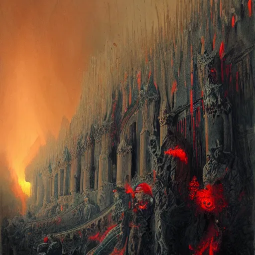 Image similar to the holy castle of Hades, hellish, bright in fury, red and blue, with demon statues, hyperdetailed, artstation trending, world renowned artists, worth1000.com, historic artworks society, antique renewel, cgsociety, by greg rutkowski, by Gustave Dore, Deviantart