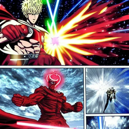 Prompt: One punch man fighting Darth Maul on top of mount Olympus while all the Greek Gods watch in the background