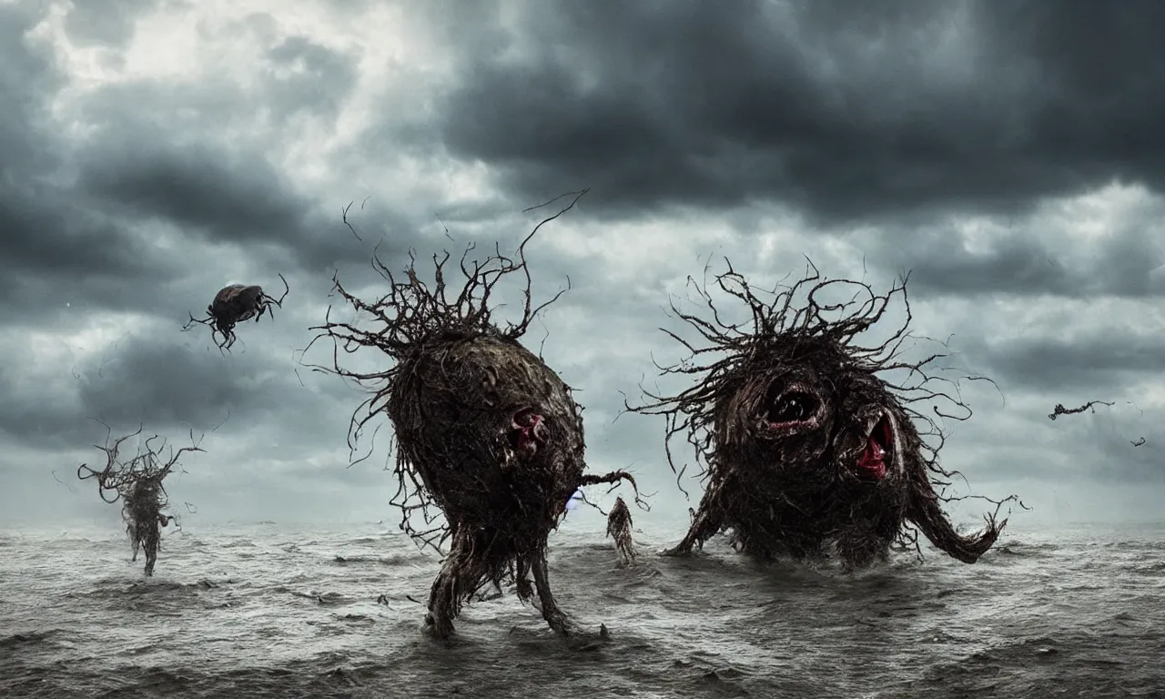 Prompt: a gigantic monster that looks like an angler-fish with wet and slimy legs with a very large mouth, has many children like him attached to his body, is coming out of the sea on a beach, there are people fleeing in terror, photo-realistic, stormy sky, photo by national geographic
